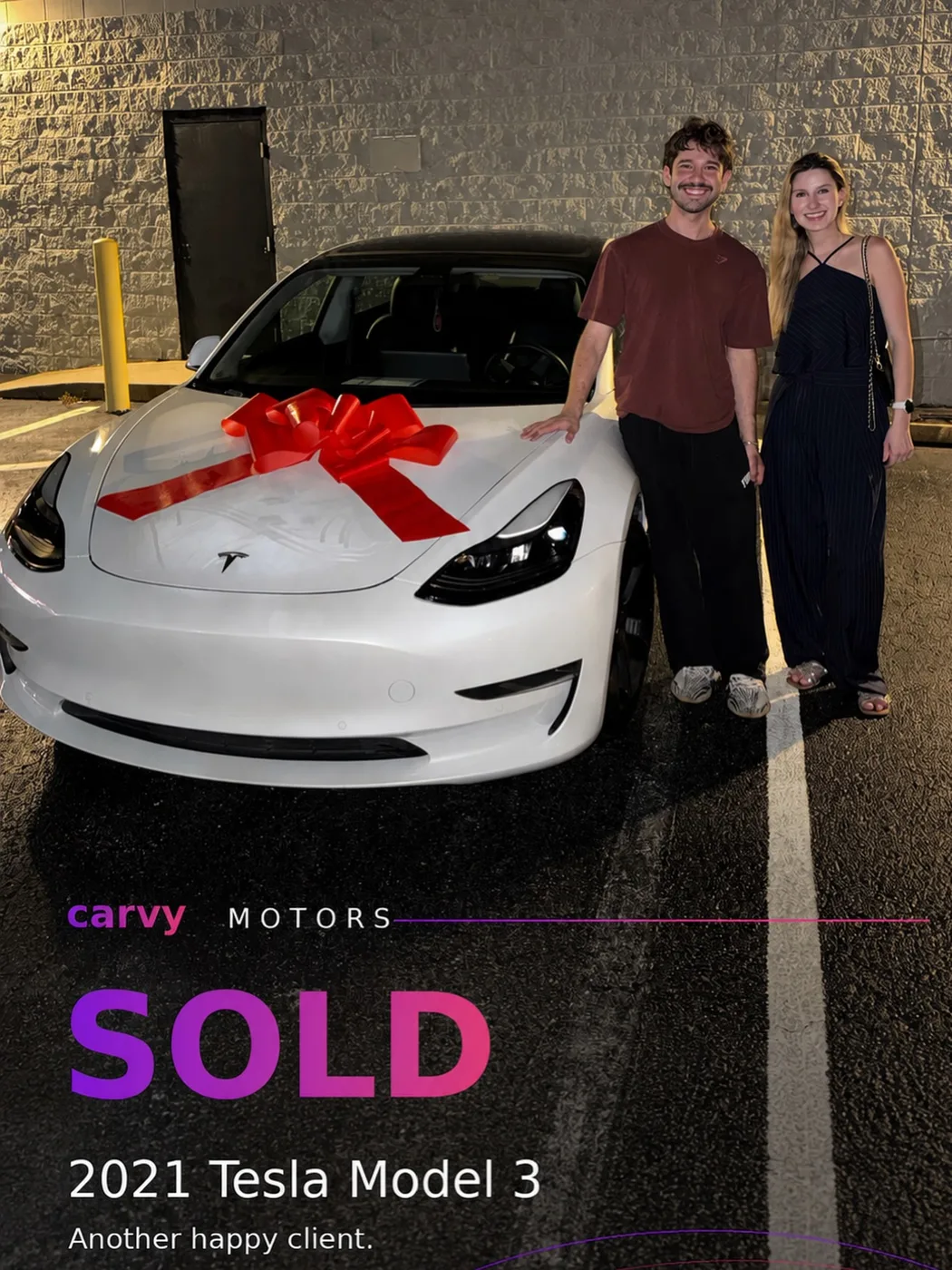 Customer delivery of a 2021 Tesla Model 3 from Carvy Motors to a Kissimmee, FL buyer